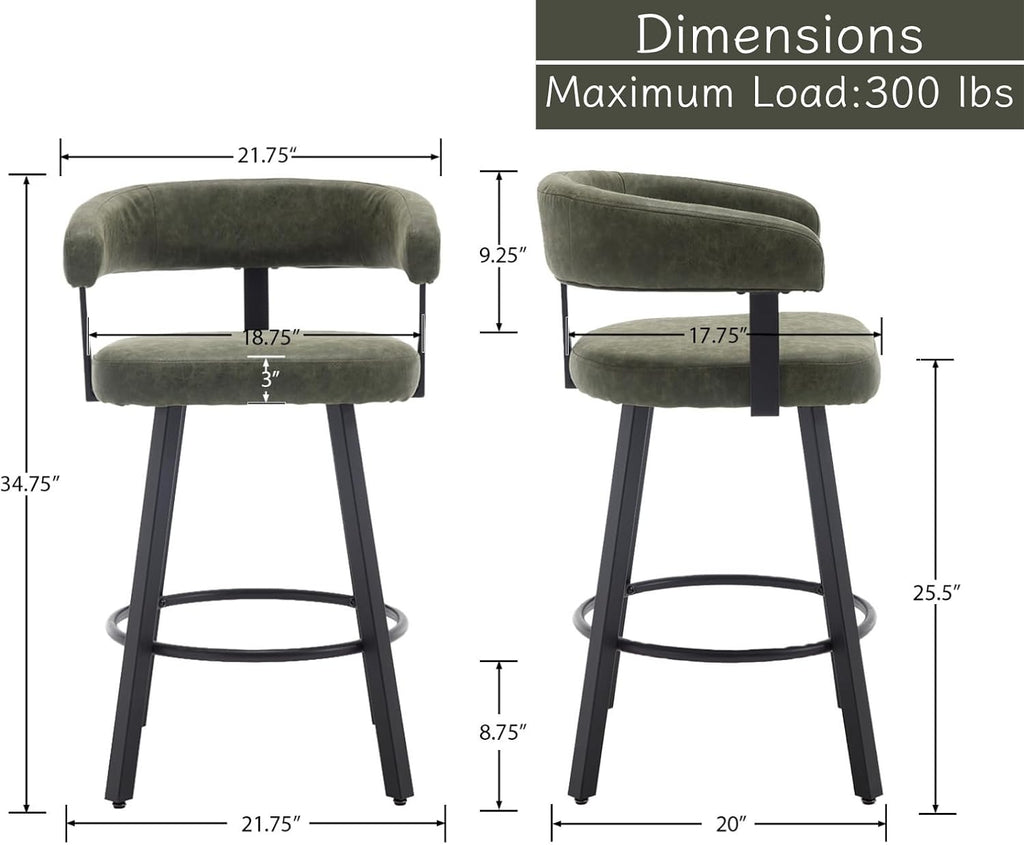 Shunzhi Modern Green Counter Height Bar Stools Set of 2 Leather Barstools with Backs/Metal Legs/Footrest Upholstered Counter Stools Comfy Bar Chairs for Dining Room/Home Bar/Kitchen Island/Pub,25 Inch