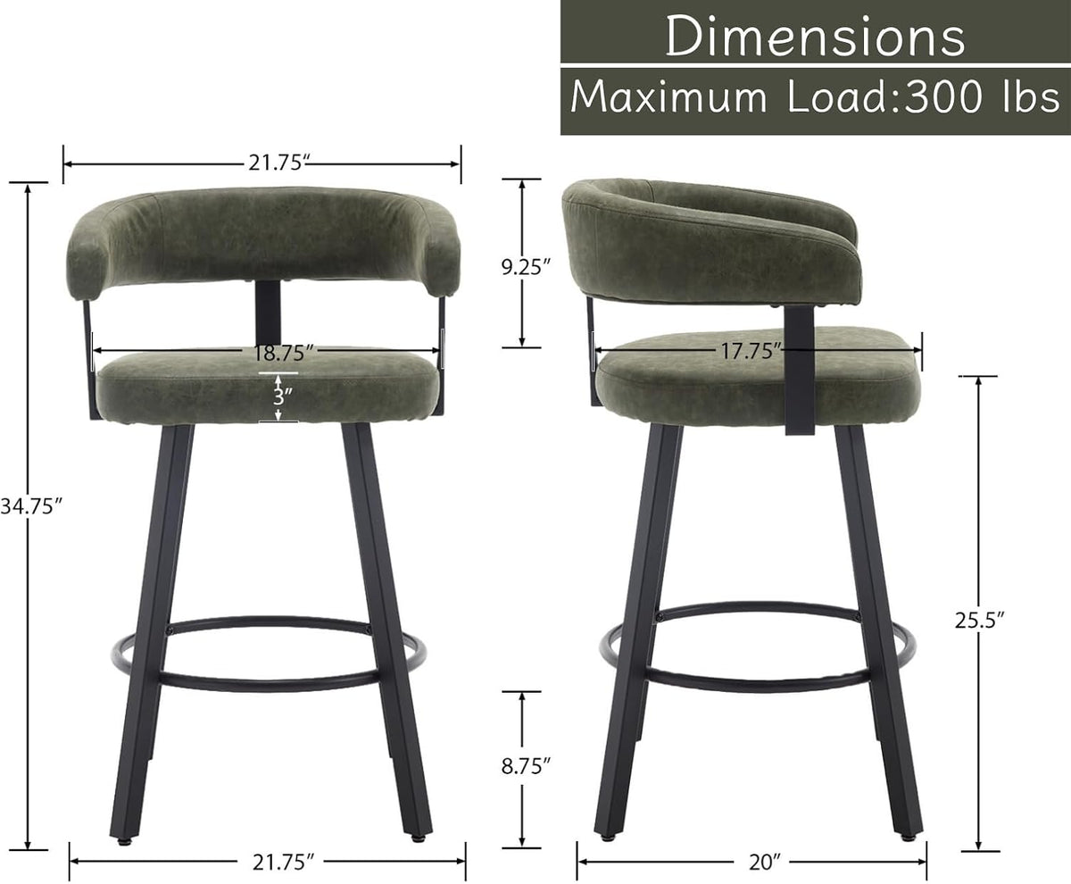 Shunzhi Modern Green Counter Height Bar Stools Set of 2 Leather Barstools with Backs/Metal Legs/Footrest Upholstered Counter Stools Comfy Bar Chairs for Dining Room/Home Bar/Kitchen Island/Pub,25 Inch