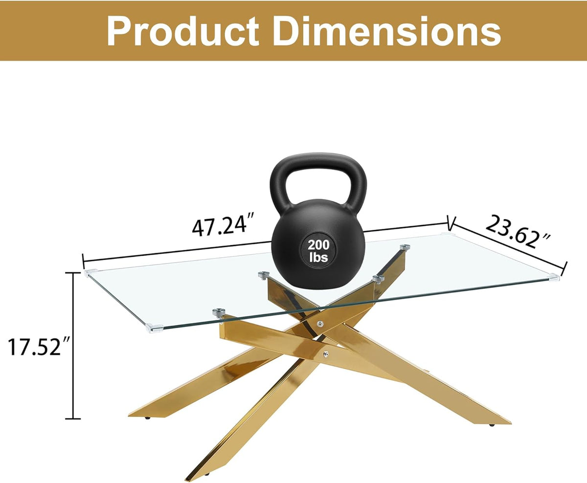 AF ARTISAN FURNITURE Gold Glass Coffee Table and End Table Set of 3, Coffee Table Set with Tempered Glass & Gold Geometric Metal Legs, 3 Piece Living Room Table Set for Bedroom Home Office