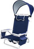 Beach Chair with Umbrella and Canopy Shade, Aluminum Backpack Beach Chairs for Adults, Adjustable Sun Shade, 5 Position Lay Flat, Cooler Bag, Cup Holder, Towel Bar, Navy Blue