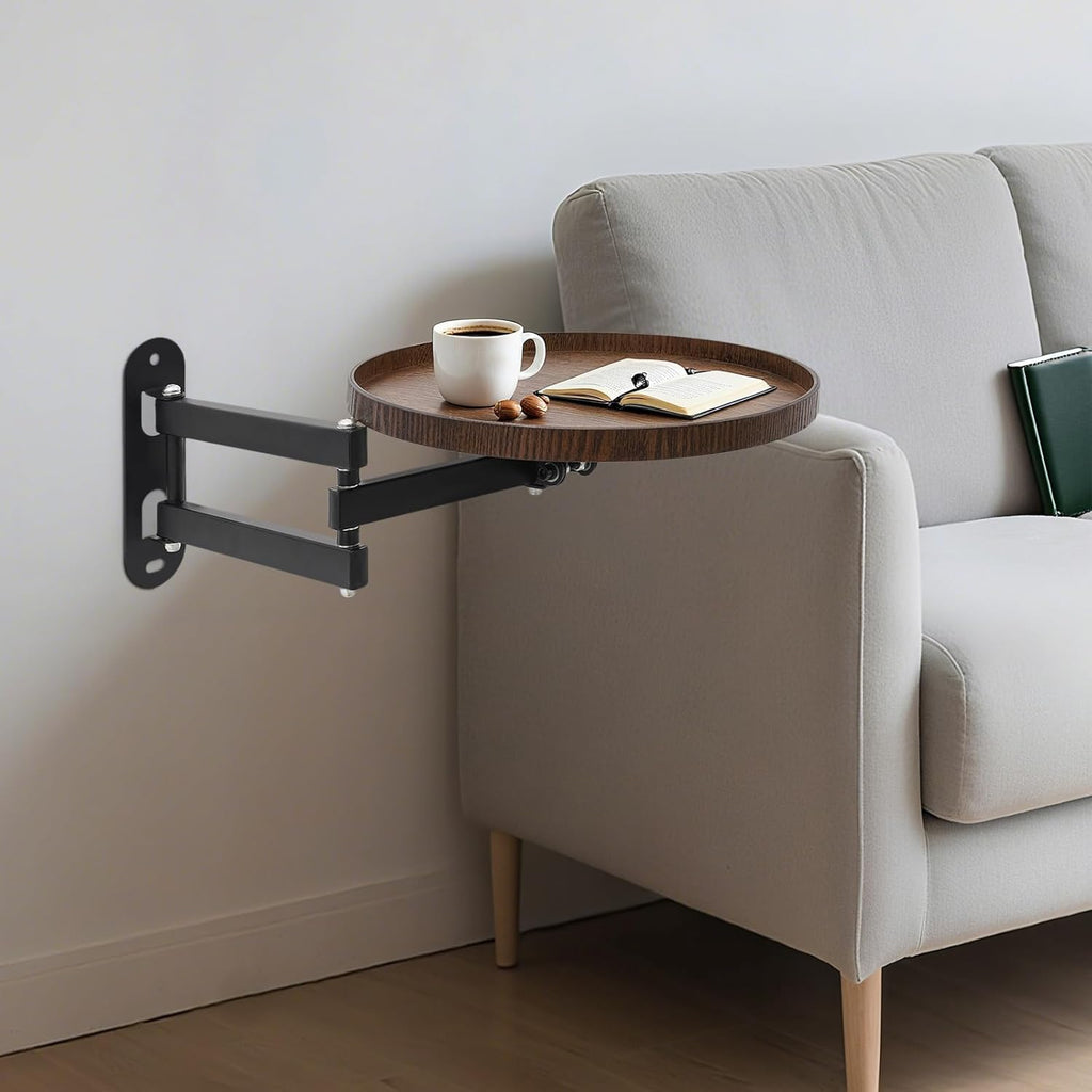 Wall Mounted Folding Table, Solid Wood Retractable Wall Desk w/Oval Base, 180° Adjustable Stand, 90° Rotating Tabletop, 22 lbs Capacity, for Bedside, Sofa & Reading (Walnut)