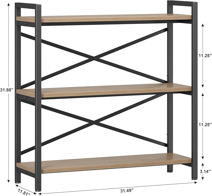 Homeiju 3 Tier Bookshelf 31.49" Width, Wood and Metal Etagere Bookcase, Vintage Farmhouse Modern Wooden Big Book Shelf for Home Living Room Bedroom Office Storage(Light Coffee)