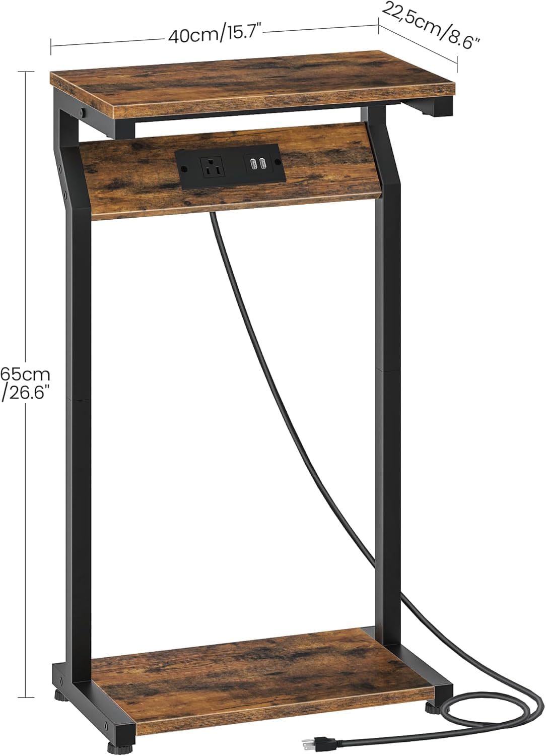 CHOEZON Narrow Side Table with Charging Station, 27" Skinny End Table for Small Spaces, Couch Table with Storage, Slim Tray Table with USB Ports, for Living Room, Bedroom, Rustic Brown TBZ27UBF