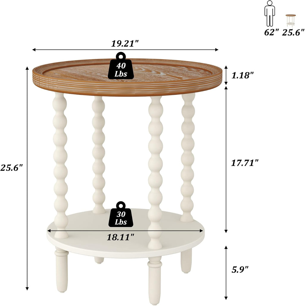 Function Home Round End Table, Farmhouse Side Table with Storage Shelf, 2 Tier Wooden Nightstand, 19.2” Accent Table for Living Room Bedroom Small Space, Natural Tray Top and Vintage White Spindle Leg