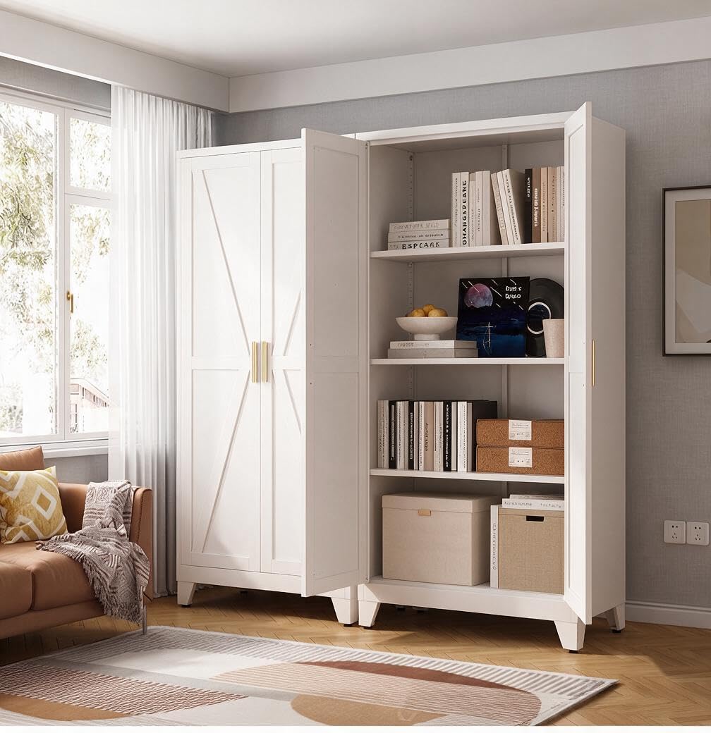 61" Tall Pantry Cabinet, White Metal Pantry Storage Cabinet | Metal Farmhouse Storage Cabinet,Kitchen Pantry Storage Cabinets with 2 Door and 3 Adjustable Shelves