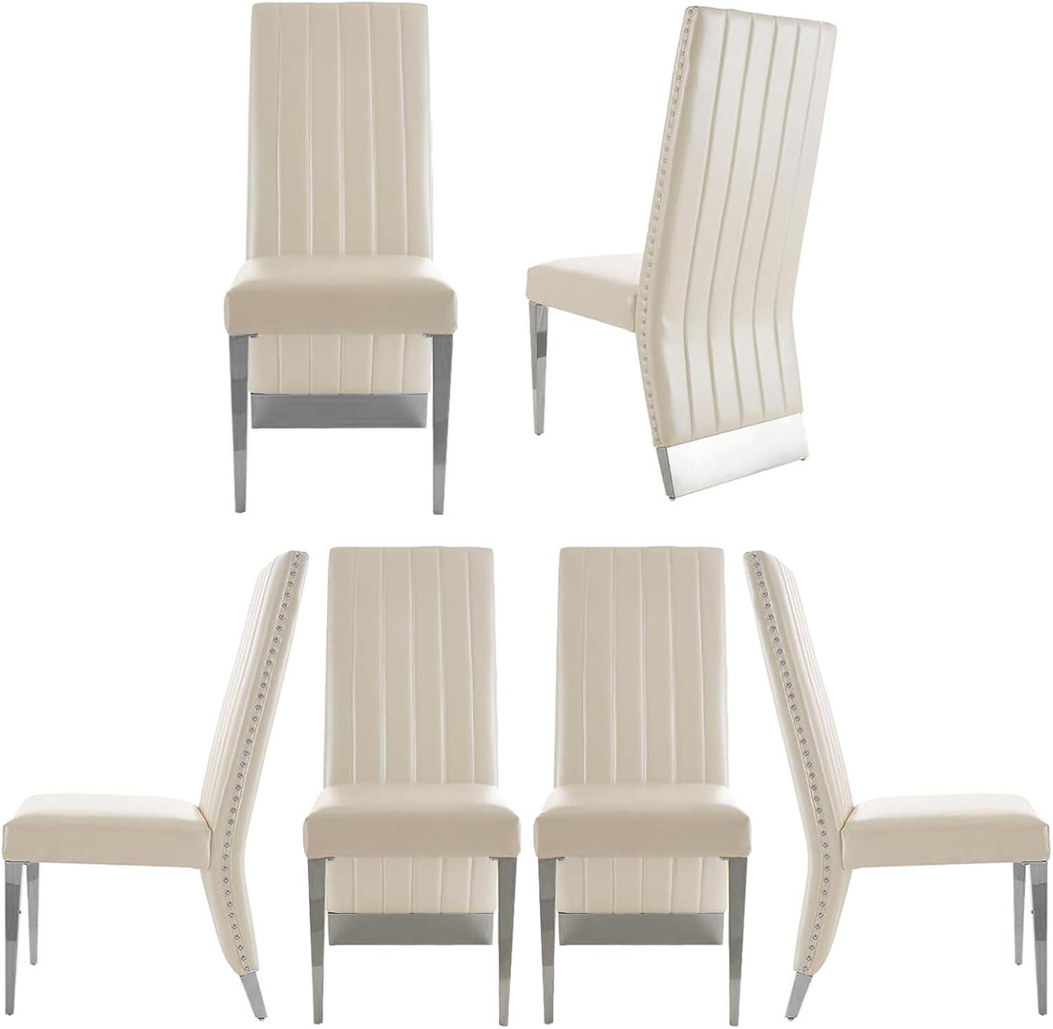 AUZ White Leather Dining Chairs Set of 6, White and Silver Upholstered Dining Room Chairs with Nailhead Trim High Back, Modern Dining Chair with Polished Silver Metal Legs
