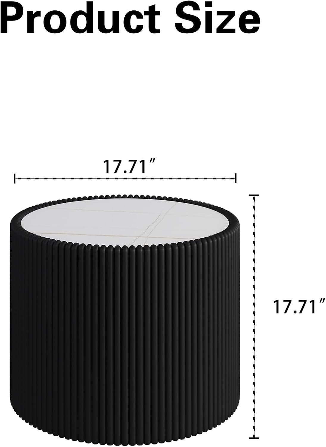 17.7-Inch Round End Table for Living Room Office, White Faux Marble Tabletop, Black Fluted PU Leather Covered, Modern Round Sofa Side Table Small Coffee Table, 17.71''Dia x 17.71''H