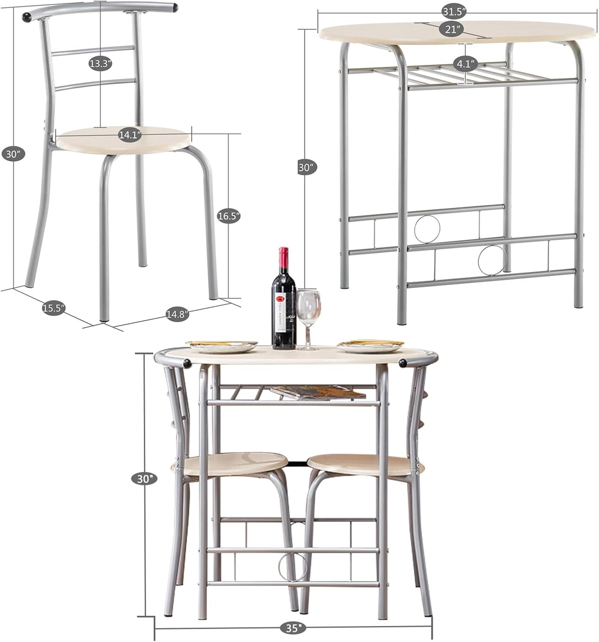 VINGLI 3 Piece Dining Set, Small Kitchen Table Set for 2, Breakfast Table Set, Kitchen Wooden Table with 2 Chairs for Small Space/Dining Room/Apartment, Metal Frame, Wine Rack, Beige