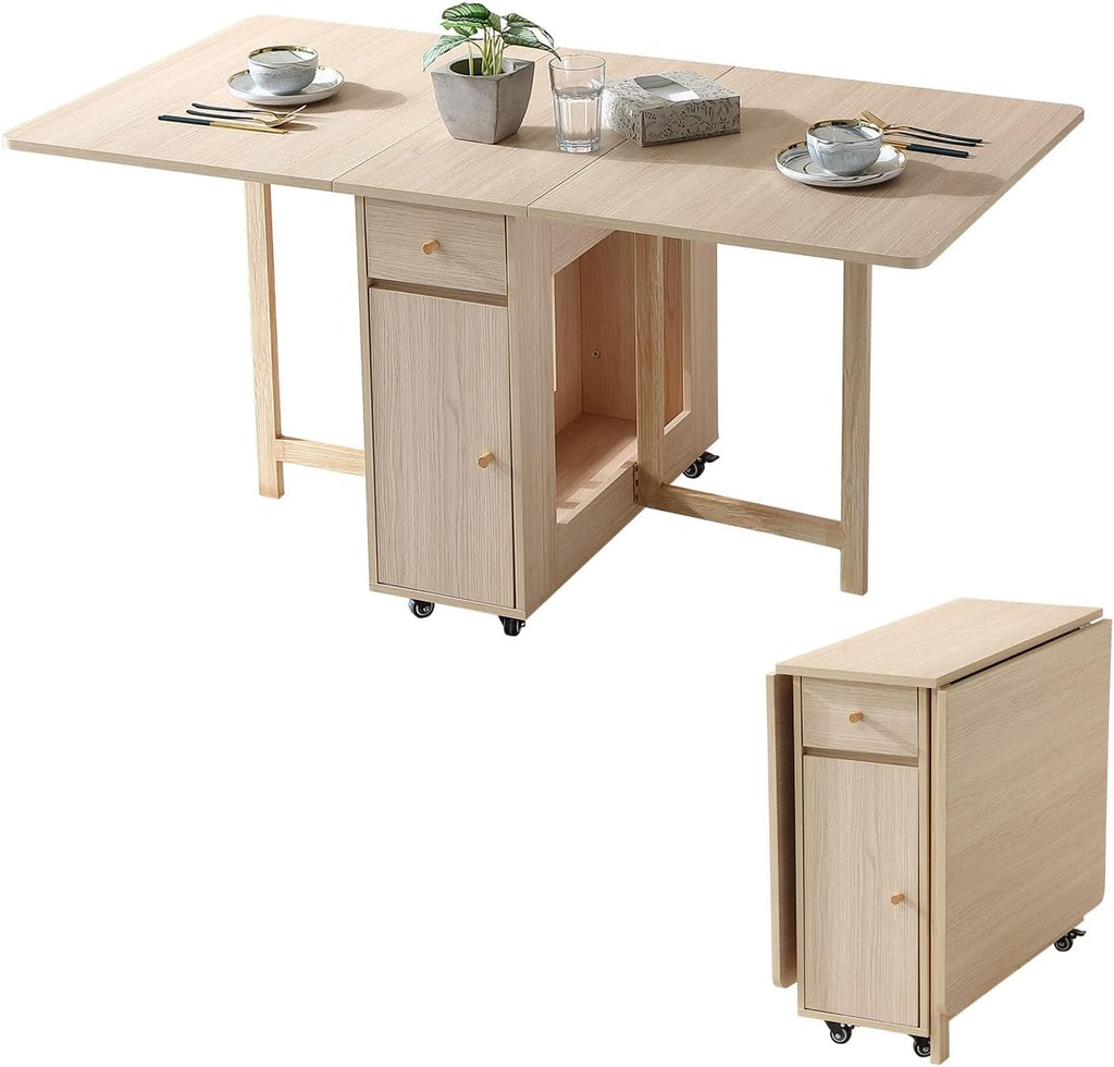 COMUHOME Drop Leaf Folding Dining Table with Storage, Wheels, Space Saving | Foldable Design, 18mm Thick Plywood, 300 lbs Capacity, Locking Wheels, Farmhouse Style, for Living Room Kitchen Small Spaces