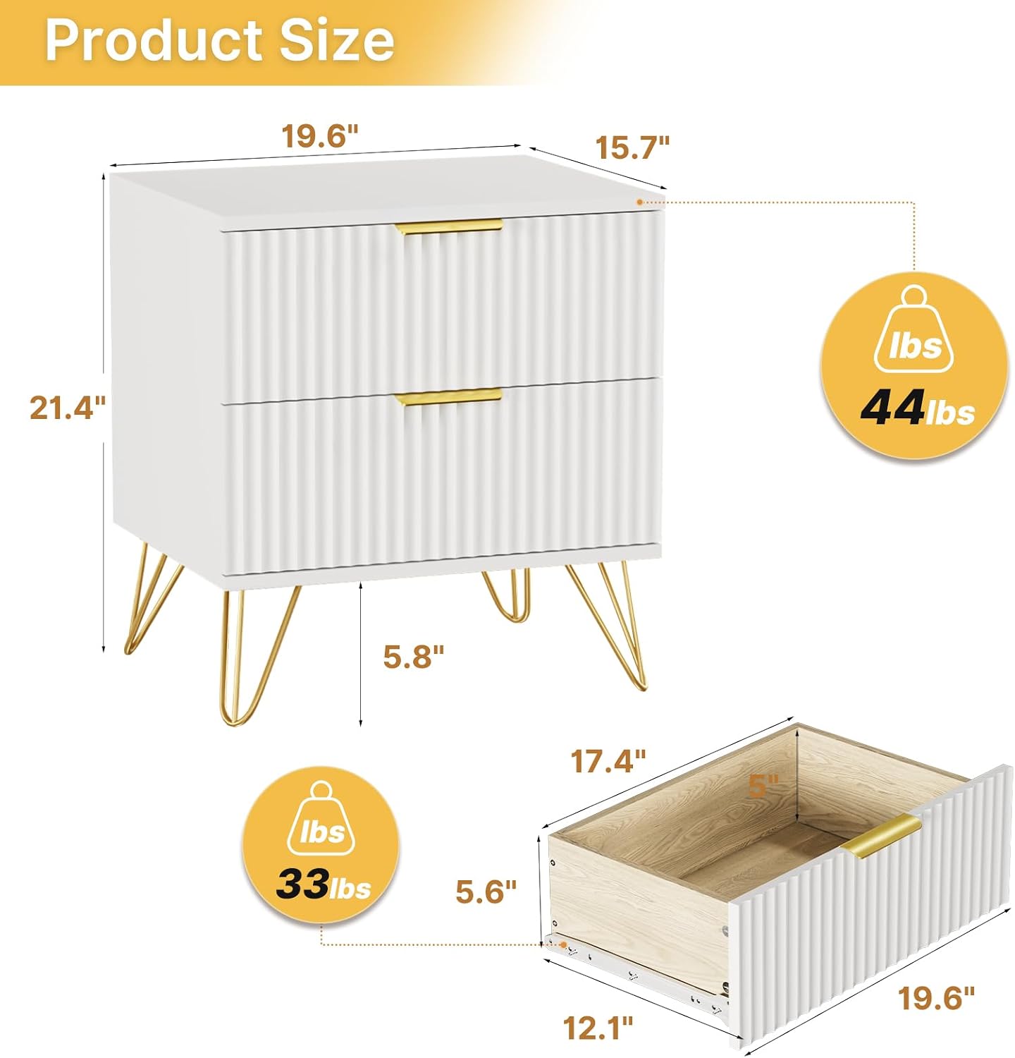 White Nightstand Set of 2, Modern Night Stand Bedside Table with 2 Storage Drawer, Bed Side End Table with Golden Handles and Legs for Bedroom, White
