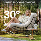 FLEXISPOT Oversized Outdoor Rocking Chair with Thick Cushion, Beige | Thick Cushioned Seat, Bonus Pillow, Modern Patio Papasan Rocker, Metal Frame Wood Base, For Porch Balcony Living Room