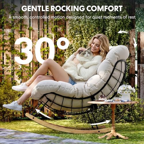 FLEXISPOT Oversized Outdoor Rocking Chair with Thick Cushion, Beige | Thick Cushioned Seat, Bonus Pillow, Modern Patio Papasan Rocker, Metal Frame Wood Base, For Porch Balcony Living Room