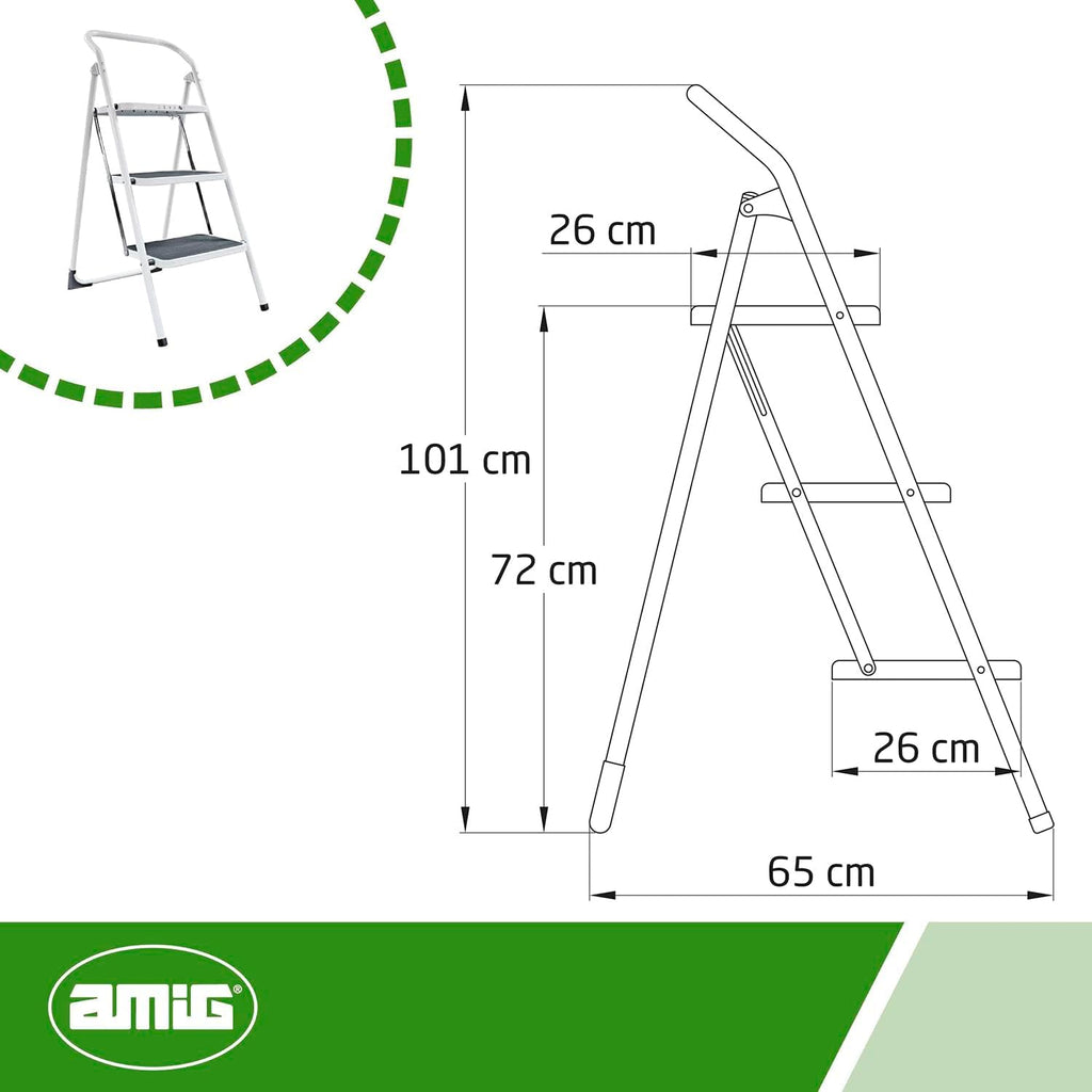 Amig - Folding Steel Stool - 3 Non-Slip Treads - Max Load 150 kg - Professional & Domestic Use - Space-Saving Design - Ideal for Small Heights, White, 103 cm, Alloy Steel