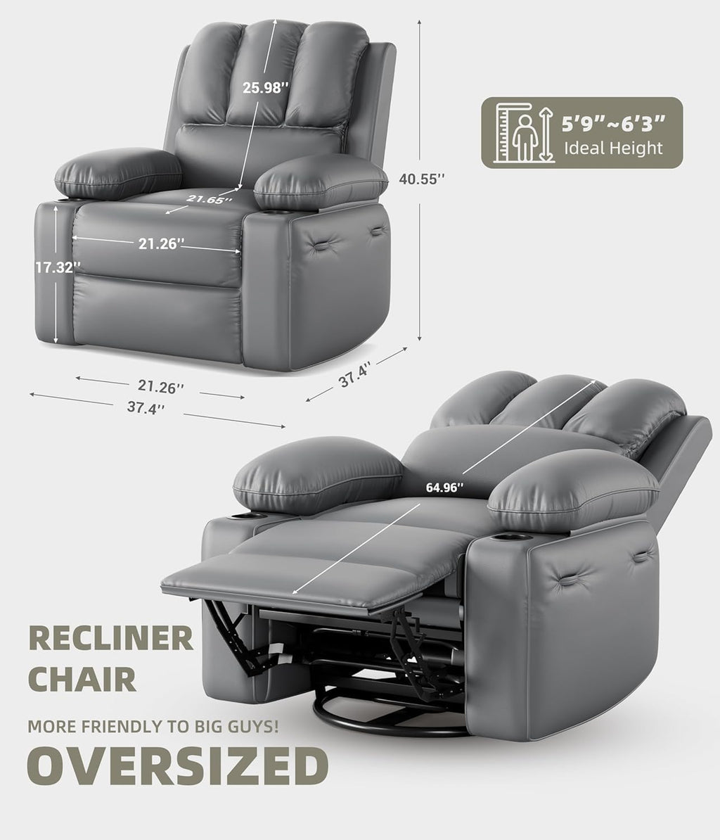 GarveeHome Leather Recliner Chair - Heat and Massage, Swivel Rocker Manual Recliner for Adults, Reclining Sofa Rocking Chair with Side Pocket, Cup Holders for Living Room