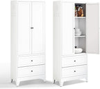 72" Metal Storage Cabinet with 2 Drawer, 2 Adjustable Shelves & Hooks, Utility Kitchen Pantry Cabinet for Home, Living Room, Pantry, Assemble Required (White)