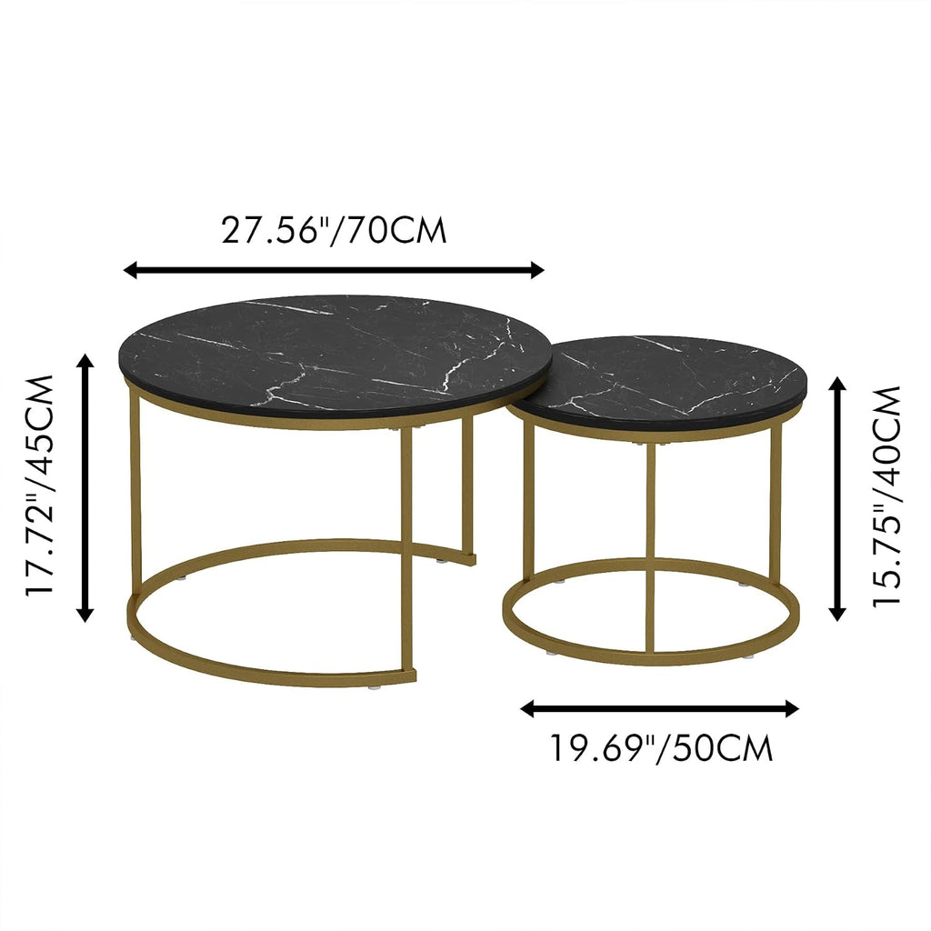 Nesting Coffee Table Set of 2, 27.6 inch Round Side Tables Coffee Table with Wood Marble Pattern Top Sturdy Metal Frame, End Table for Living Room Bedroom Balcony Yard (Black+Gold)