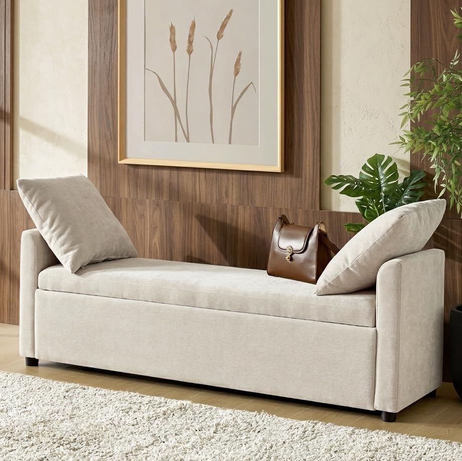HULALA HOME 59" Storage Bench with 2 Throw Pillows, Modern Long Bedroom Bench for End of Bed, Comfy Upholstered Footstool for Entryway Living Room, Linen