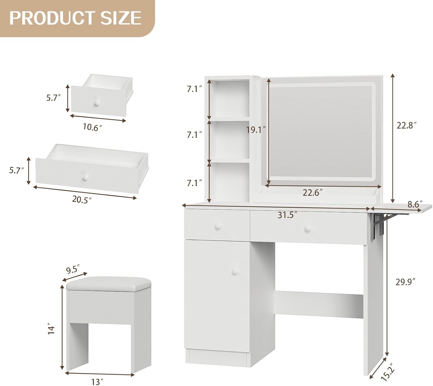 FUXA Vanity Desk with Lighted Mirror, Charging Station and Chair, White | Storage Drawers, Cabinet, Shelves, 3 Light Modes, Foldable Top, Easy-Clean, for Bedroom