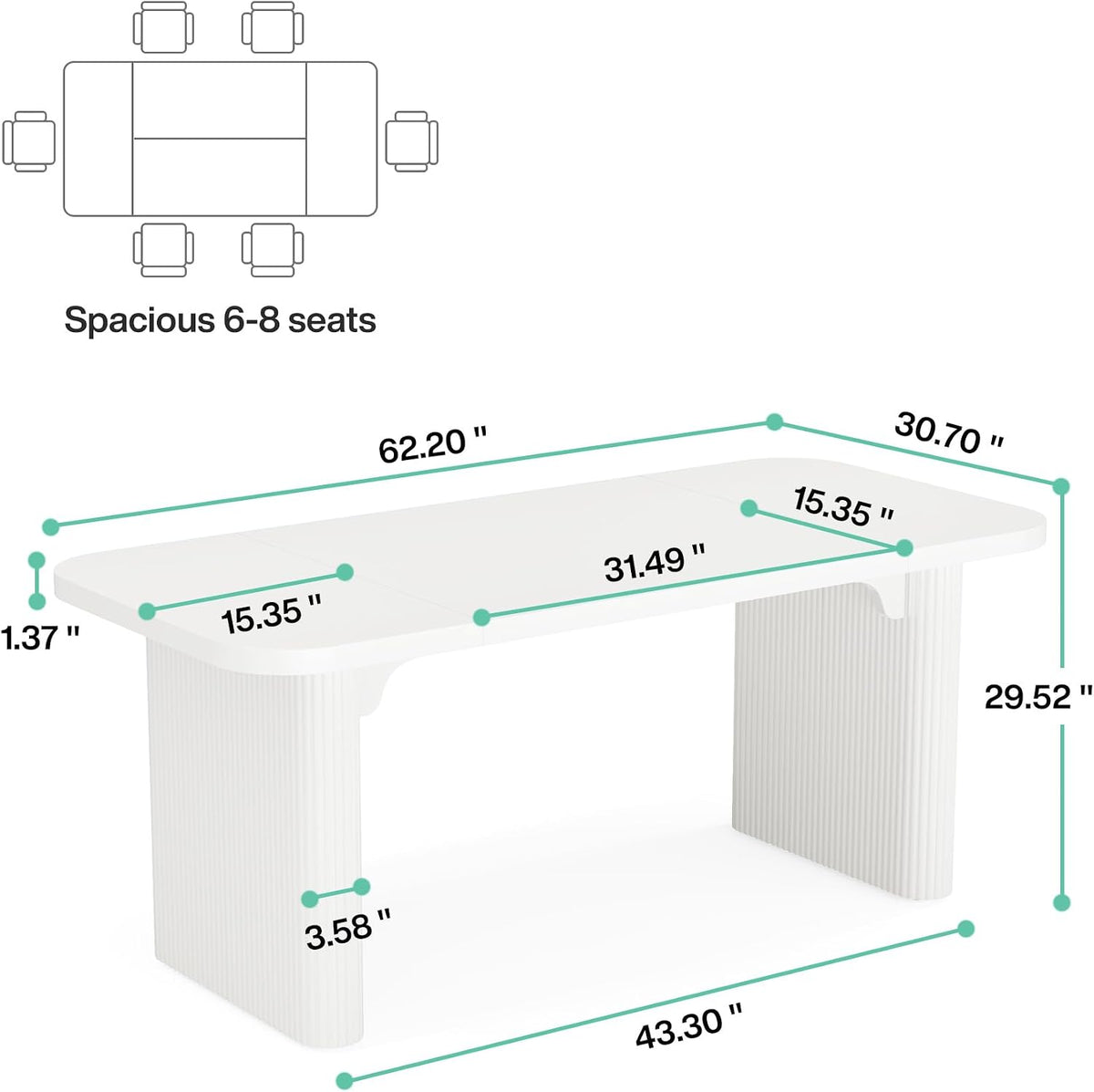Tribesigns Dining Table for 4-6, Rectangular Wood Kitchen Tables with Double Pedestal, 62-Inch Dinner Tables for Dining Room, Living Room, Easy Assembly, Only Table (White)