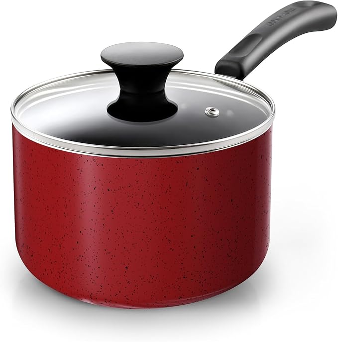 Cook N Home Non Stick Sauce Pan, 1 Quart Saucepan with Glass Lid, Nonstick Small Multi-purpose Pot, Milk Chocolate Aluminum Cooking Pot Pan with Stay-Cool Handle, Marble Red