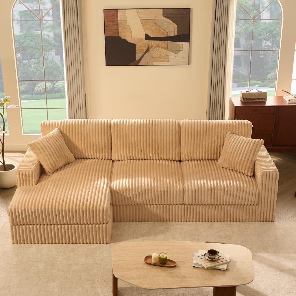 GOSUHI 113" L-Shaped Cloud Couch, Modular Sectional, Deep Seats, Camel | Pocket Spring Cushions, Oversized 3-Seater, Left Facing Chaise, Corduroy Upholstery Couches for Living Room