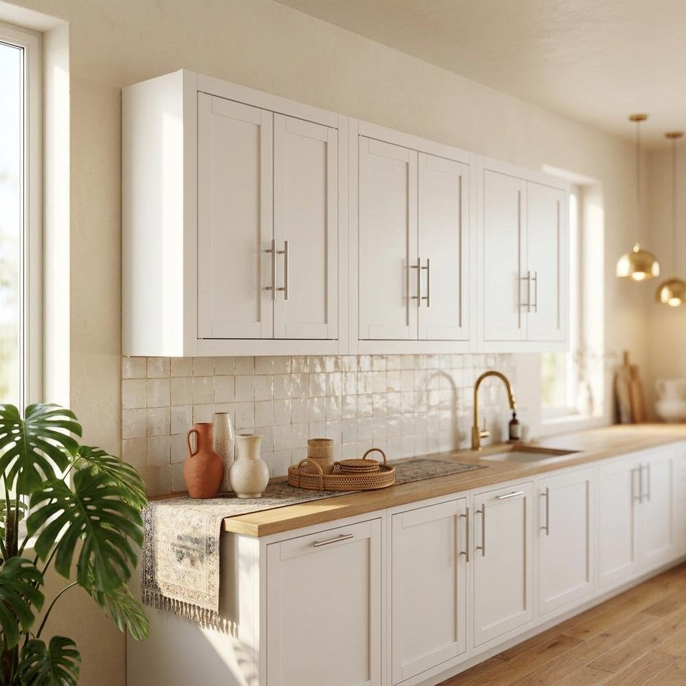 Furnifact White 3-Piece Wall Kitchen Cabinet Set, MDF Birch Veneer, Floating Mounted Kitchen Storage, Wide Pantry Wall Organizer