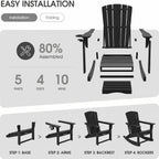 Adirondack Rocking Chair with Retractable Ottoman Set of 2,Outdoor Folding Adirondack Chair with Cup Holder,HDPE All-Weather Patio Lounge Chair for Porch,Lawn, Poolside, Black