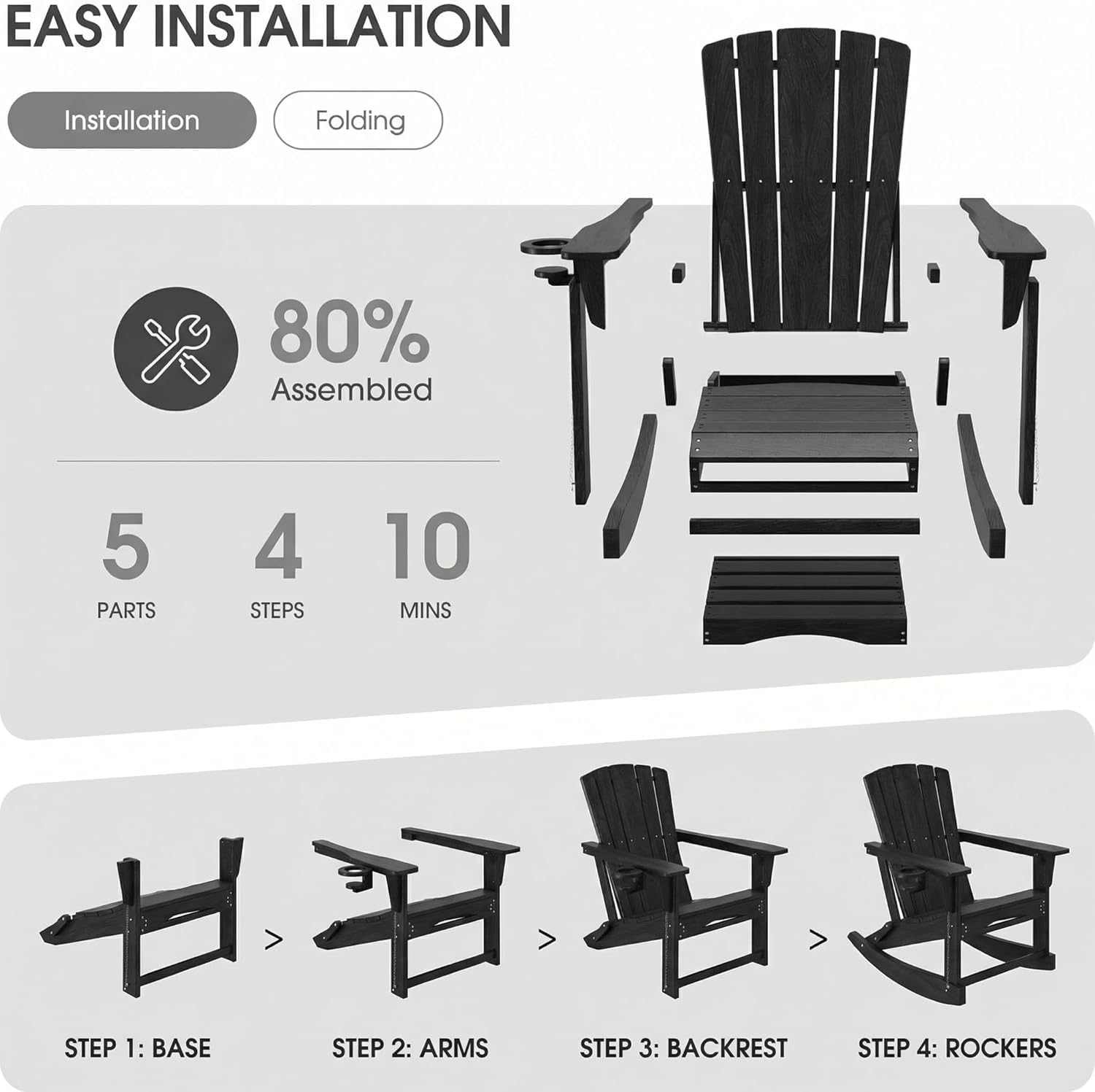 Adirondack Rocking Chair with Retractable Ottoman Set of 2,Outdoor Folding Adirondack Chair with Cup Holder,HDPE All-Weather Patio Lounge Chair for Porch,Lawn, Poolside, Black