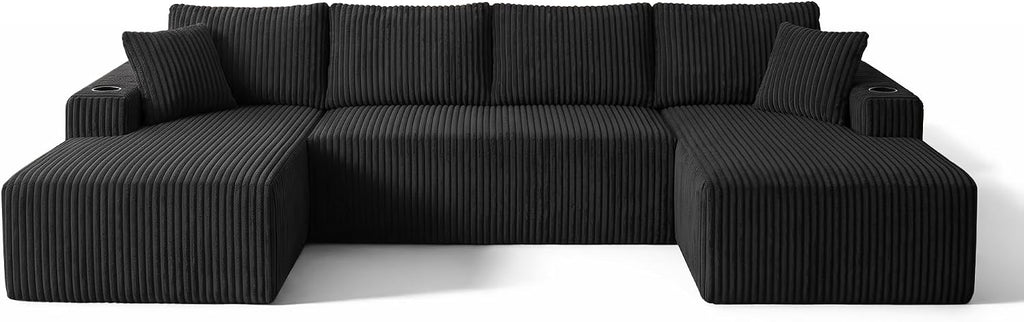 ivoros 125" Cloud Couch Sectional, Modular Sofa with Cup Holder and Storage Pocket, Corduroy U Shaped Sofas, Couch in a Box, No Assembly Required, Black Couches for Living Room