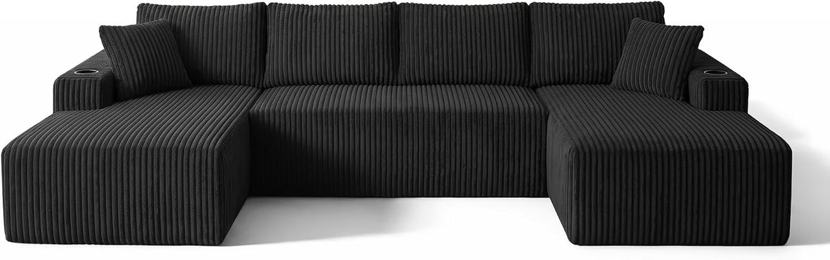 ivoros 125" Cloud Couch Sectional, Modular Sofa with Cup Holder and Storage Pocket, Corduroy U Shaped Sofas, Couch in a Box, No Assembly Required, Black Couches for Living Room