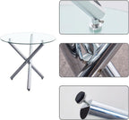 Round Glass Dining Room Set for 4 Modern Clear Silver Kitchen Table and Faux Leather Grayish Chairs Set Compact 5-Pieces Dining Table with Chair Set for Small Space/Apartment