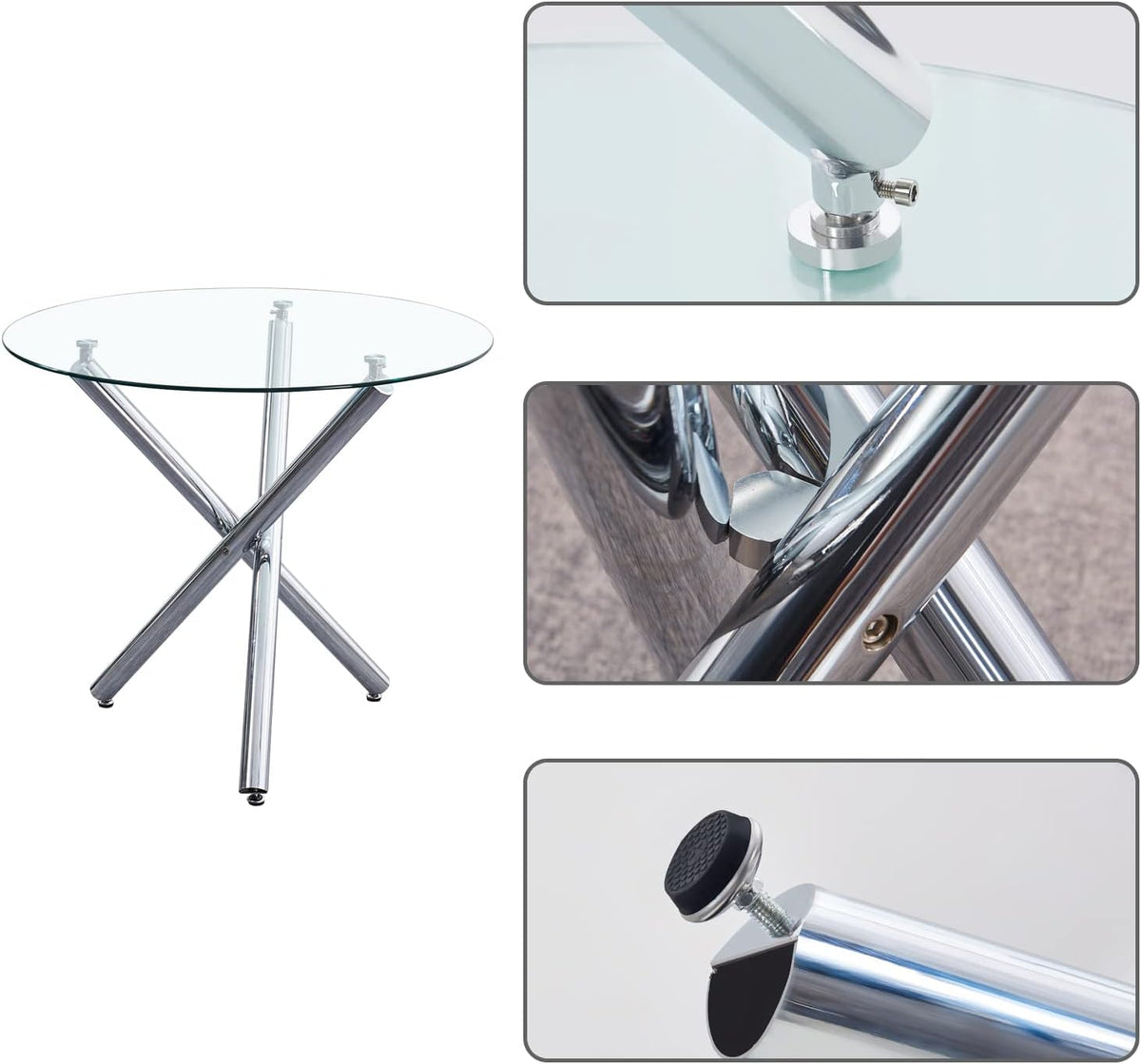 Round Glass Dining Room Set for 4 Modern Clear Silver Kitchen Table and Faux Leather Grayish Chairs Set Compact 5-Pieces Dining Table with Chair Set for Small Space/Apartment