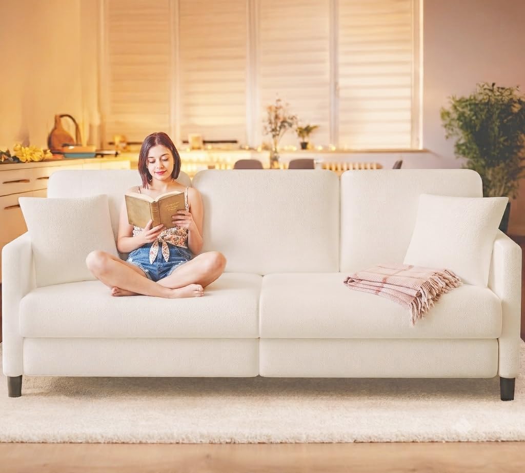 Welzona Couches for Living Room, 83"Teddy Sofa Couch, Sofas for Living Room | Tool-Free Setup Loveseat Sofa, All-Wood Love Seat Couches, 7.5"Spring Seat Cushion, Small Couch for Bedroom, 2 Pillows, Beige
