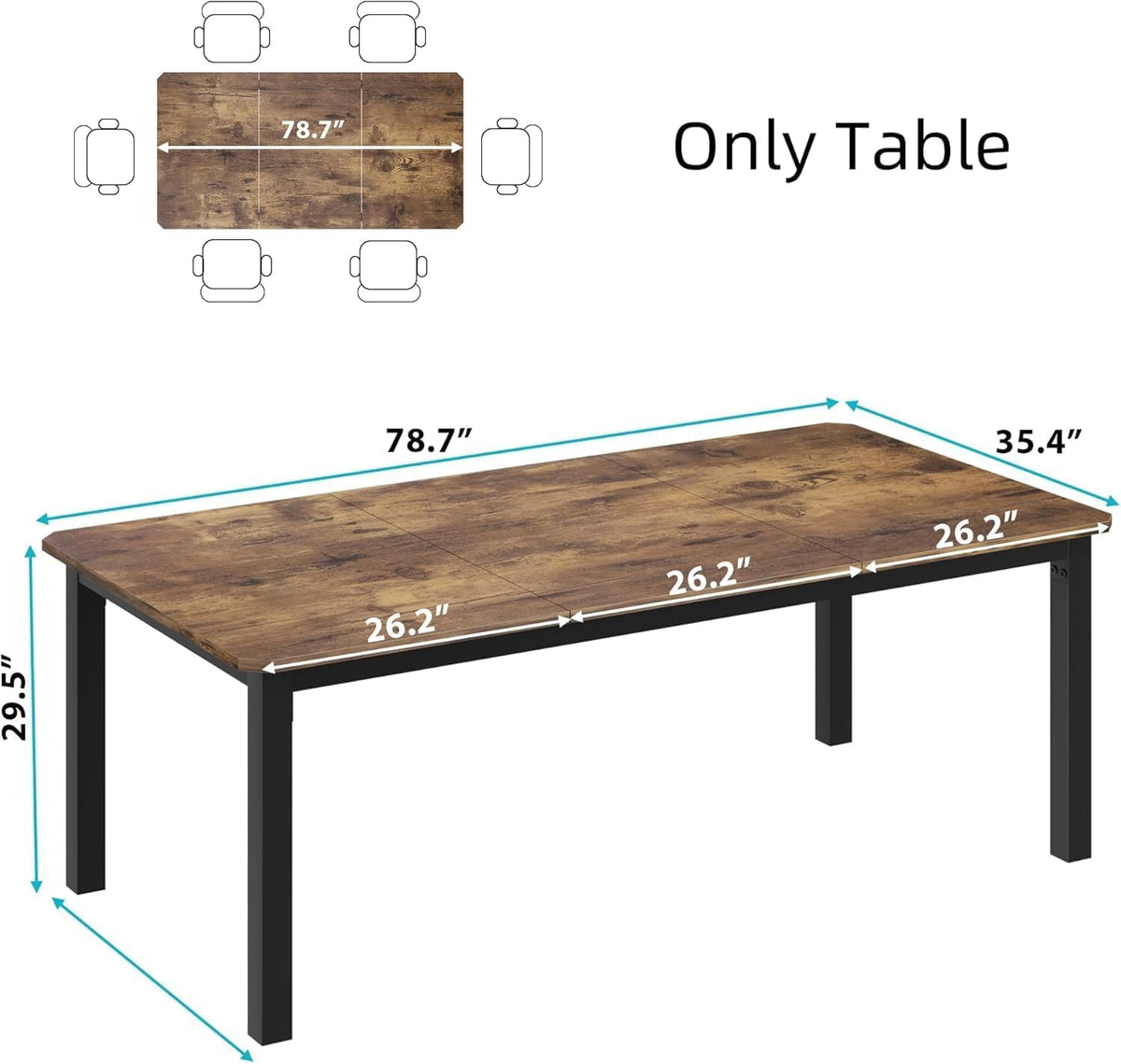 GarveeHome Industrial Dining Table for 6-8 People, 78.7" Long Kitchen Table with Sturdy Metal Frame & Seats 6 Rectangular Counter for Dinner, Kitchen, Office Desk (Only Table)