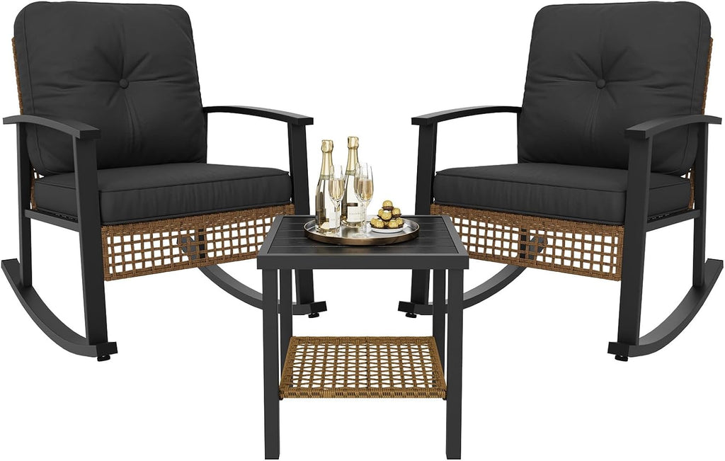 Aoxun 3 Piece Outdoor Rocking Chairs Bistro Set, Rattan Patio Furniture with Thick Cushions & 2-Tier Coffee Table, Patio Rocking Chairs Set of 2 for Garden, Porch, Balcony Black