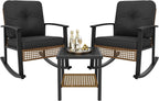 Aoxun 3 Piece Outdoor Rocking Chairs Bistro Set, Rattan Patio Furniture with Thick Cushions & 2-Tier Coffee Table, Patio Rocking Chairs Set of 2 for Garden, Porch, Balcony Black