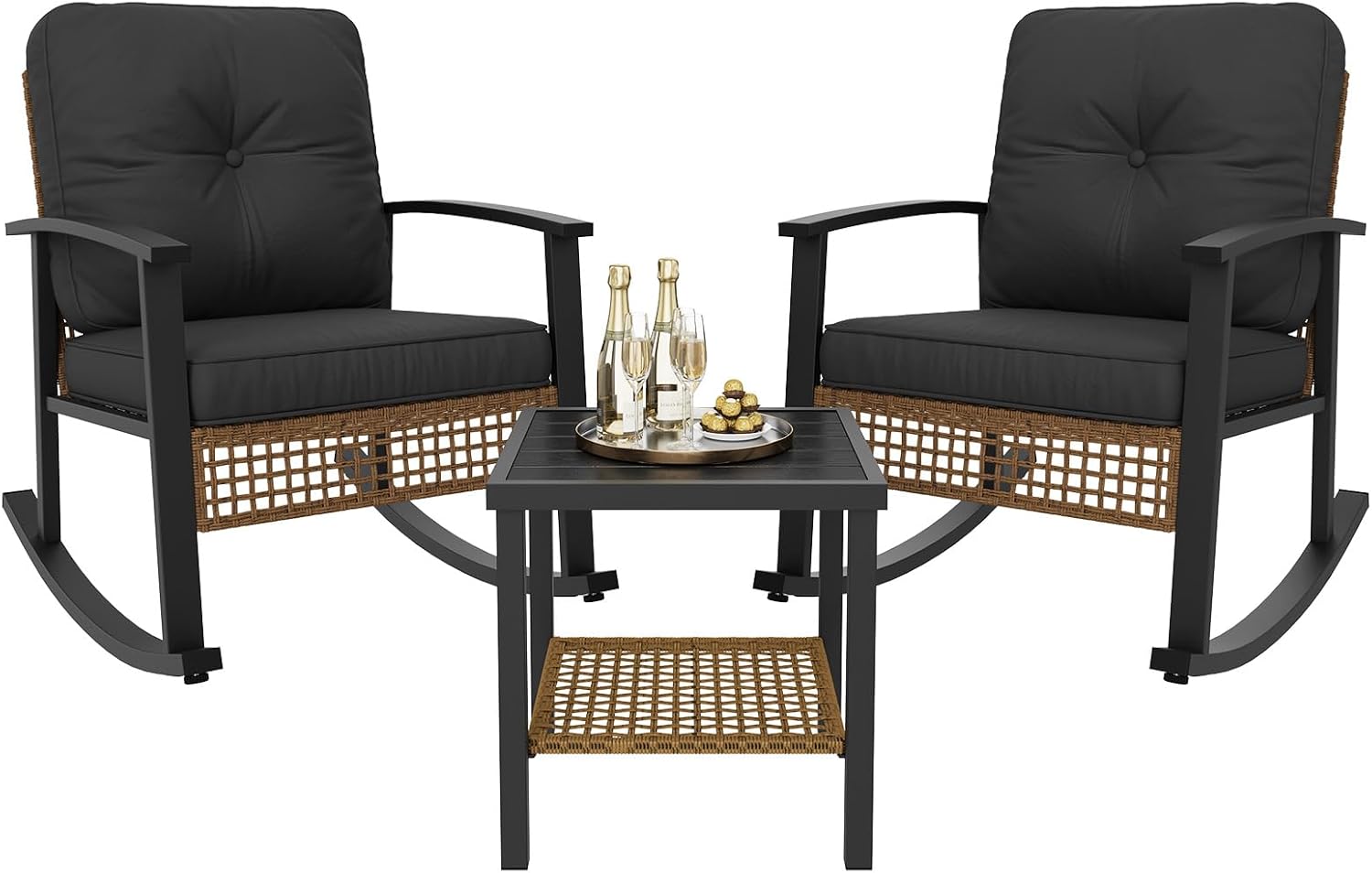 Aoxun 3 Piece Outdoor Rocking Chairs Bistro Set, Rattan Patio Furniture with Thick Cushions & 2-Tier Coffee Table, Patio Rocking Chairs Set of 2 for Garden, Porch, Balcony Black