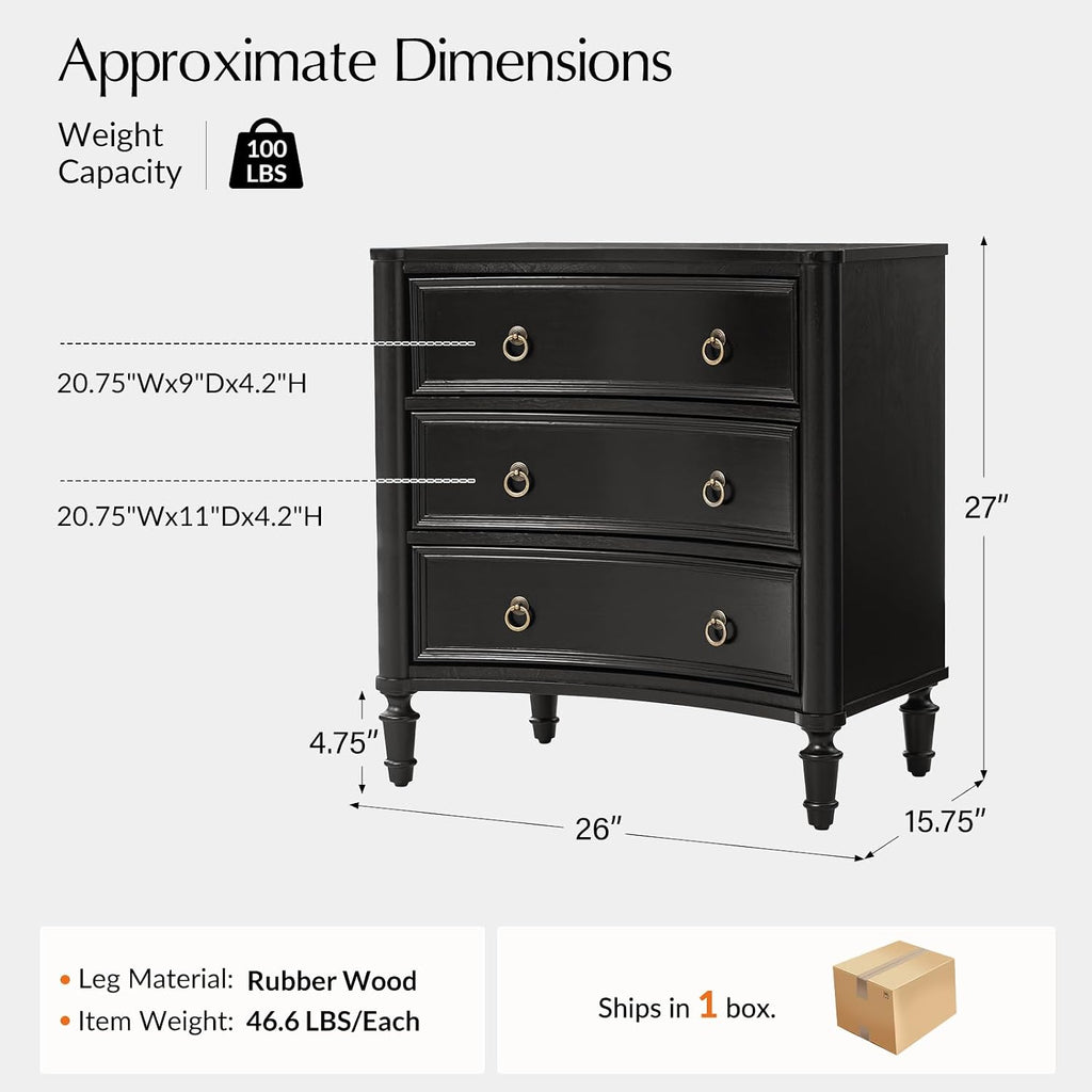 HULALA HOME 3 Drawer End Table with Charging Station, 26" Wide Endtable with Solid Wood Legs and Curved Profile, Classic Side Table for Living Room, Black