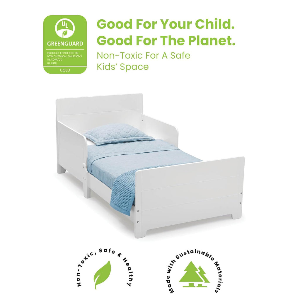 Delta Children MySize Toddler Bed, Bianca White + MySize Kids Wood Table and 2 Chair Set + MySize Deluxe Toy Box (Bundle)