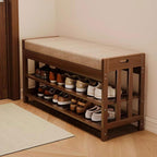 SACSTAR Shoe Rack and Storage Bench for Entryway, 2-Tier Upholstered Shoe Organizer with Cushion, 17.3" x 10.6" x 23.6" Compact Shoe Bench for Hallway, Living Room, Bedroom