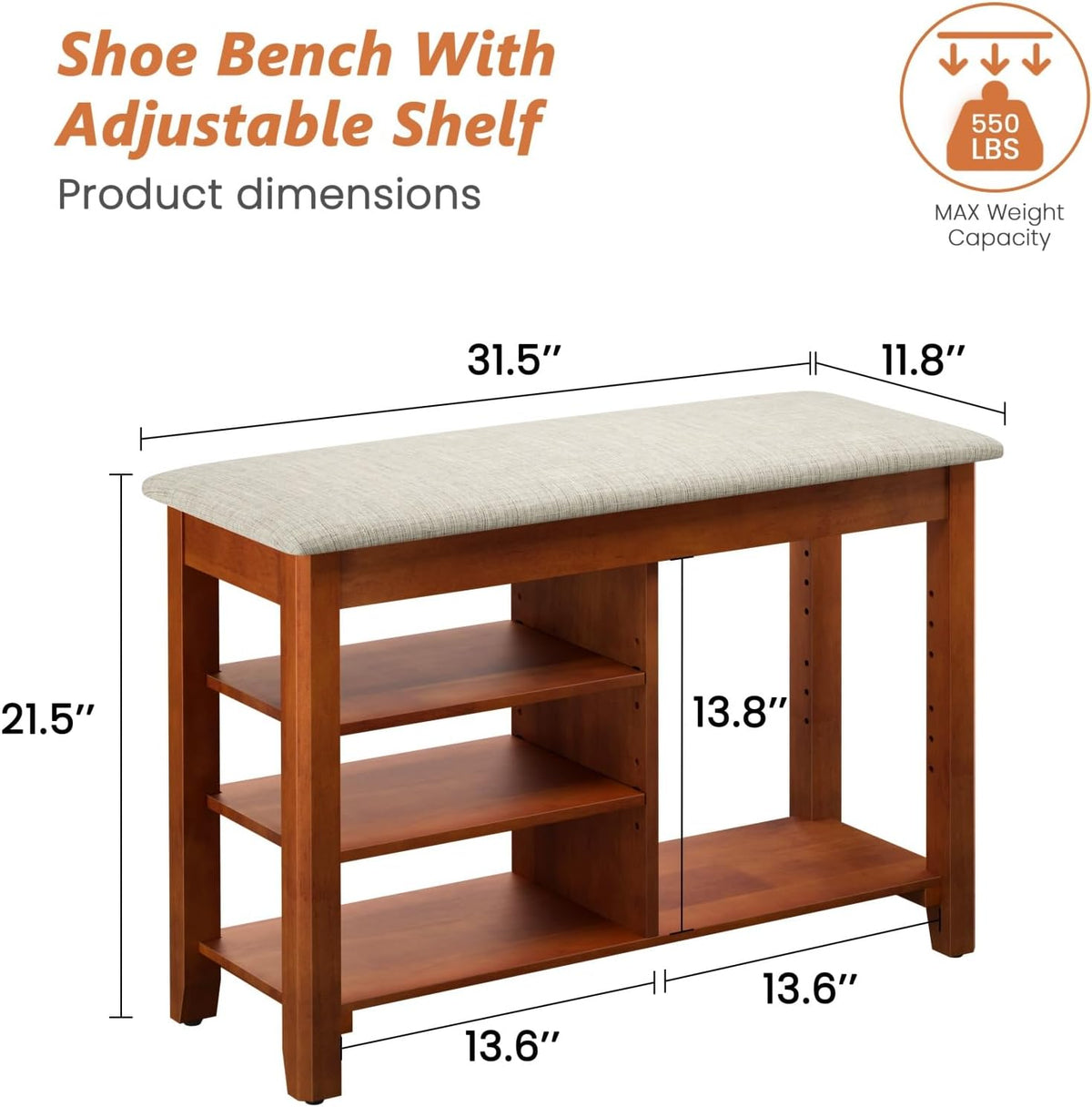 FAGAGA Shoe Rack Bench with Cushioned Seat, Solid Wood Entryway Bench with Flip-Top, Adjustable Shelf, Shoe Storage Bench for Hallway, Living Room, Mudroom (Beige, 31.5" L)