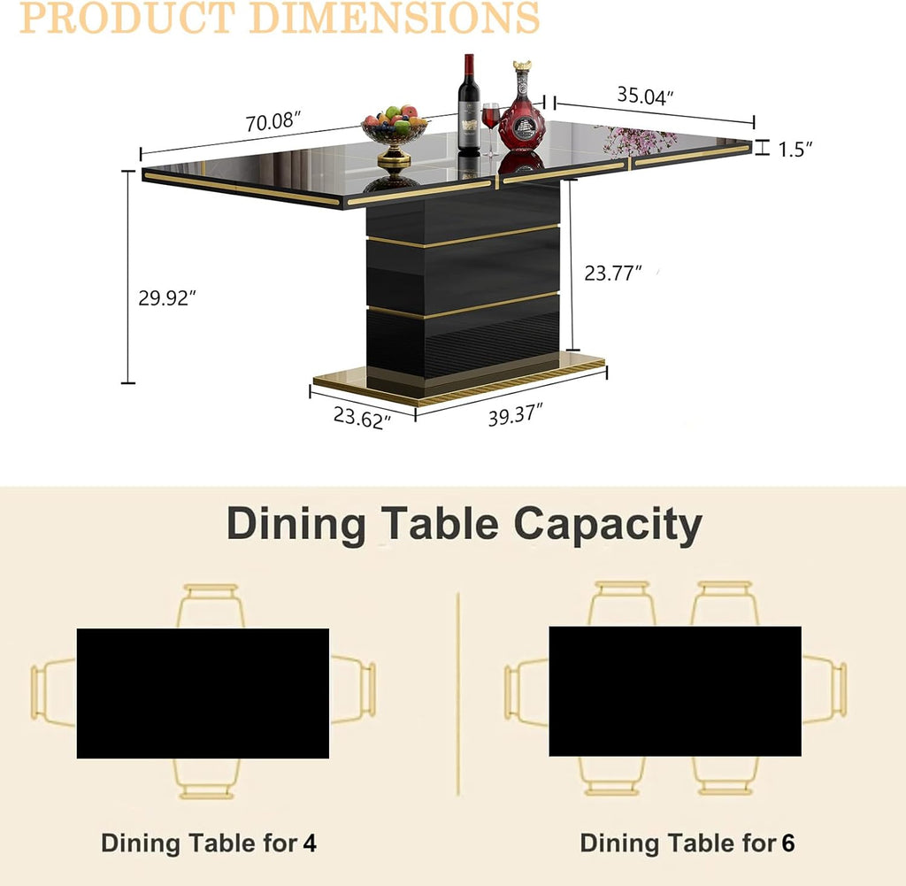 Henf 70" Black Dining Table for 4 6, Modern Glossy Kitchen Table with 1.5" Thick Lacquered Tabletop and Gold Stainless Steel Trim, Luxury Rectangular Dinner Tables for Dining Room