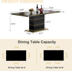 Henf 70" Black Dining Table for 4 6, Modern Glossy Kitchen Table with 1.5" Thick Lacquered Tabletop and Gold Stainless Steel Trim, Luxury Rectangular Dinner Tables for Dining Room
