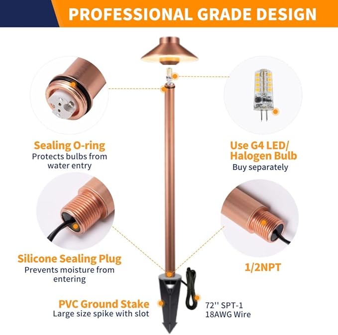LED Copper Brass Landscape Lights(Hat) Waterproof Outdoor 12V Low Voltage Path Lights for Sideway Garden with Ground Stake Without G4 Bulb(10 Pack)