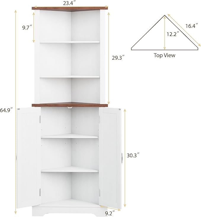 Smuxee Tall Corner Storage Cabinet, Farmhouse Corner Cabinet with Barn Door and Adjustable Shelf, White Freestanding Cabinet Organizer for Bathroom, Kitchen, Living Room