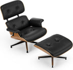 Mid Century Modern Top Grain Leather Chaise Lounge Chair & Ottoman | Modern Classic Recliner with Heavy Duty Base, Fixed Tilting for Living Room, Study, Lounge & Office, Walnut Black