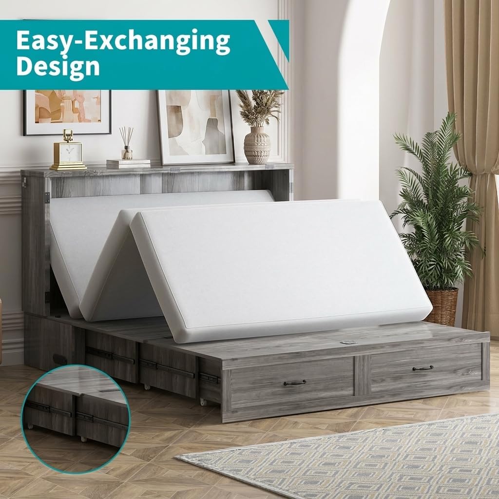 BALUS Queen Murphy Bed, Chest Murphy Bed with Built in USB Chariging Station & Storage Drawer, Solid Wood Cabinet Bed, Queen Hidden Bed for Guest/Living Room/Bedroom, No Mattress-Grey