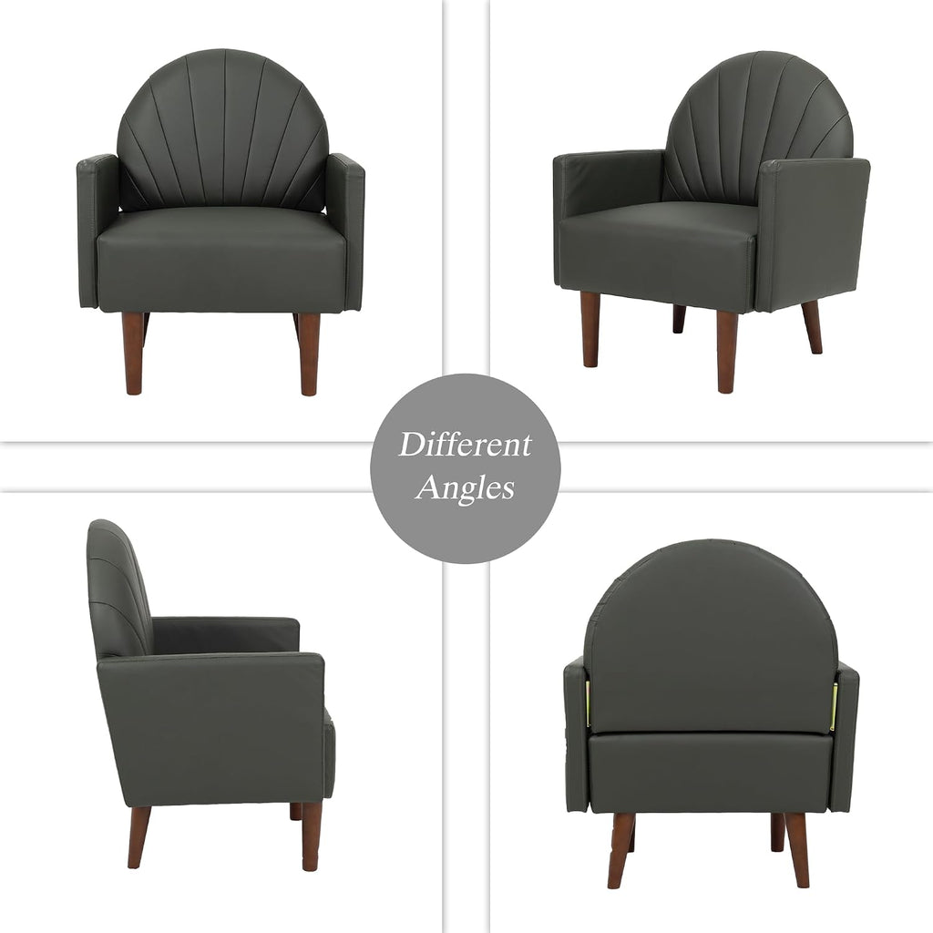 Modern Upholstered Single Sofa Chair，PU Leather Armchair Vanity Chair Shell Back Accent Chair with High Resilience Foam Cushion, Spacious Seating Reading Chair for Living Room Bedroom (Sage Green)
