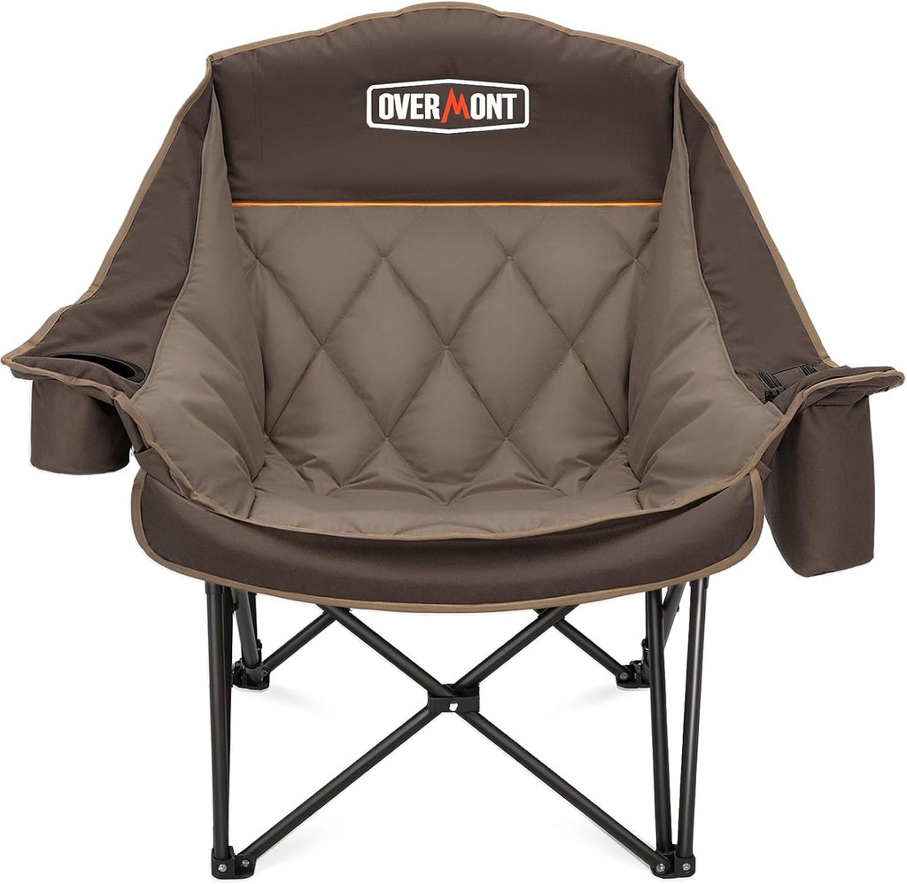 Overmont Oversized XL Camping Chair for Adults - 500lbs Support Heavy-Duty Padded Folding Chair with Side Pocket Cup Holder Cooling Bag for Outdoor Sports Garden Beach Fishing Lawn Khaki