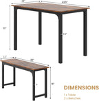 Tangkula 3-Piece Dining Table Set with Bench, Rectangular Kitchen Table with 2 Benches, Metal Frame, Space-Saving Furniture, Modern 4-Person Dinette for Kitchen, Dining Room (Rustic Brown)